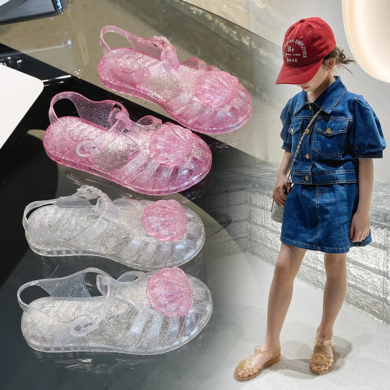 

Summer Children Closed-Toe Beach Soft Sole Non-Slip Kids Hollow Casual Shoes Jelly Crystal Girls Casual Roman Princess Sandals