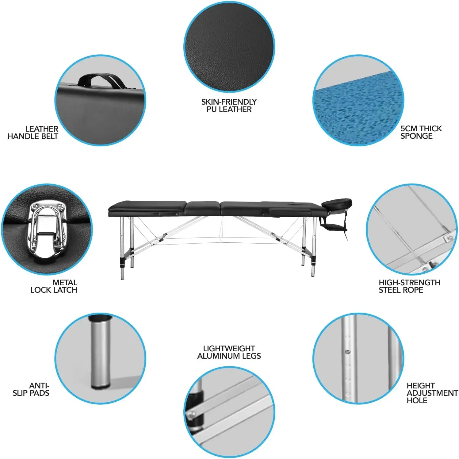 Table de massage portable en aluminium, lit de massage réglable, repos de sauna, accoudoirs, sac de transport, recommandé, possède 23.6 po de large, 3