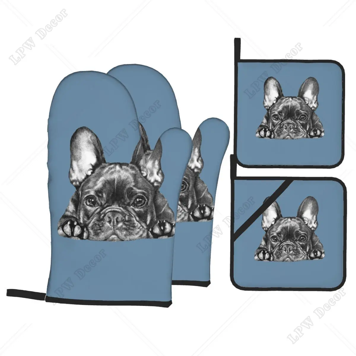 

Custom Frenchie Dog French Bulldog Oven Mitts and Pot Holders Sets of 4 High Heat Resistant Baking Cooking Gloves Kitchen BBQ