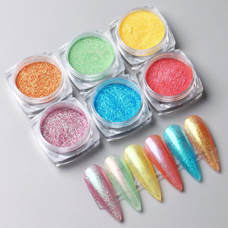 6pcs Aurora Mirror Nail Powder Pigment Chameleon Chrome Colors Fairy Iridescent Nail Art Glitter Dust UV Gel Polish Decorations