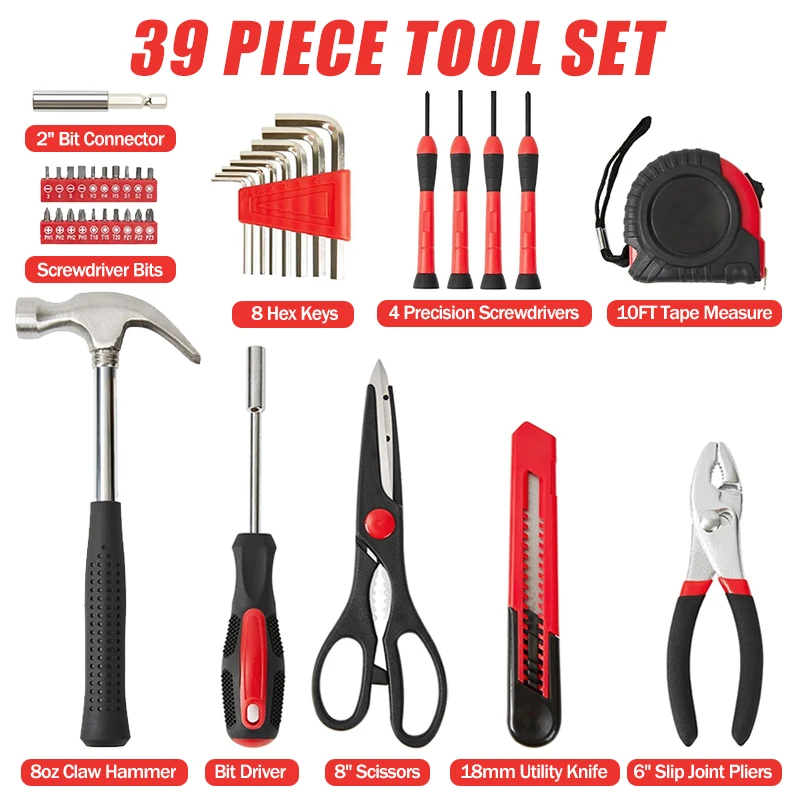 39 red Tool Kit，Garden Maintenance Kit, Home Repair Tools, Compact Tool Set