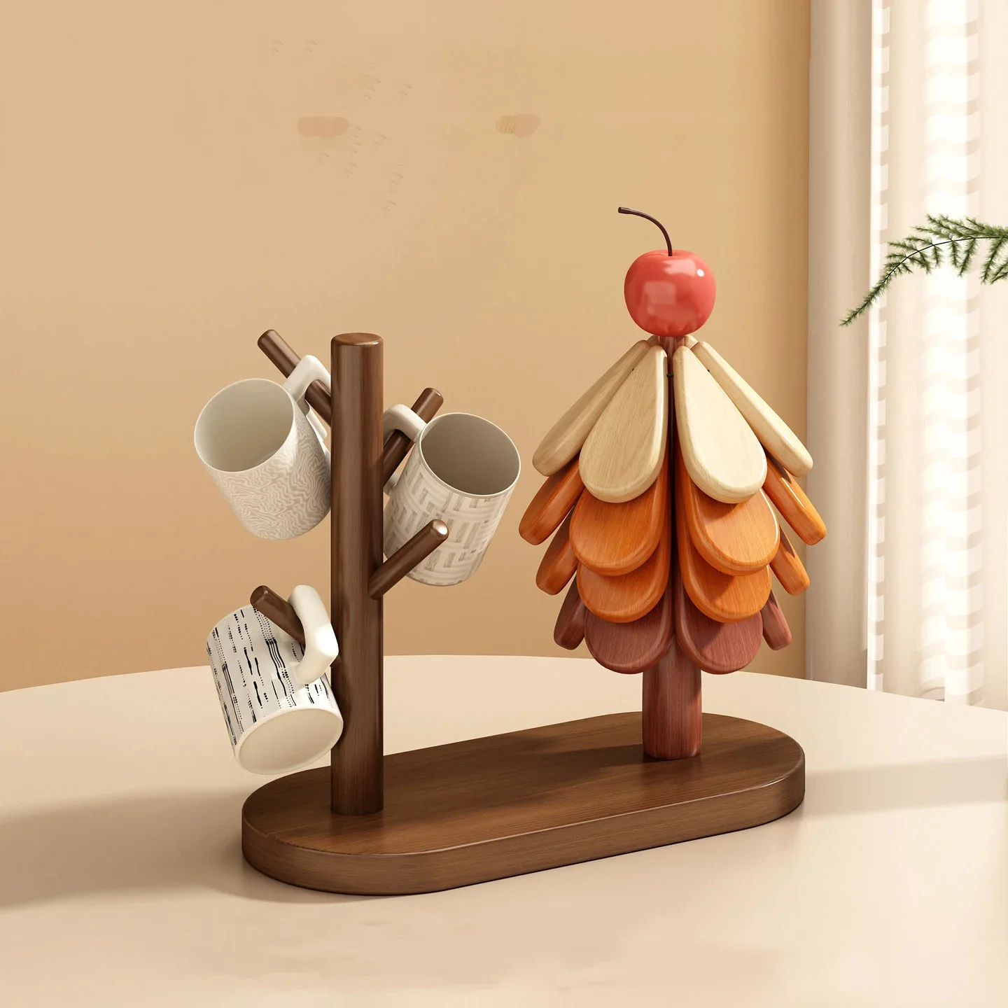 HeMu Christmas Tree Shape Mug Rack with Trivet,2-in-1 Heat Insulation Pad & Cup Holder,Stylish Countertop Storage for Cups&Pots