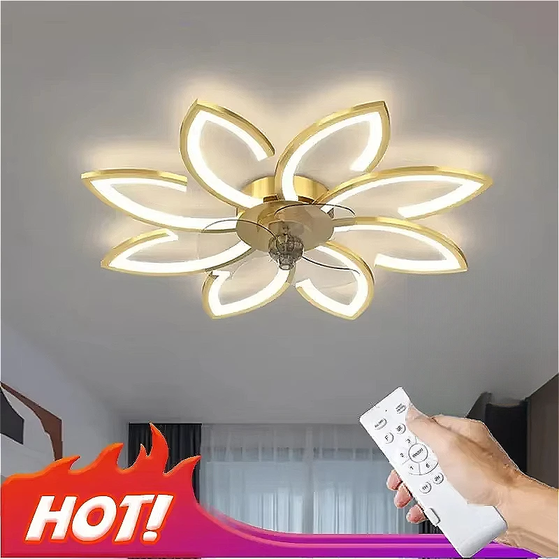Nueva lámpara LED de ventilador de techo con forma de flor con Control remoto, luz de techo con cabezal móvil regulable y velocidad ajustable para sala de estar y dormitorio