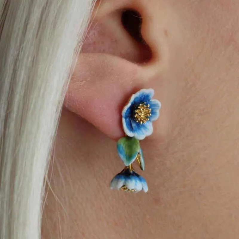 

Stud Advanced Sense Fairy Hand-painted Vintage Blue Enamel Rose Flower Winter Earrings Female Wedding Party Aesthetic Jewelry