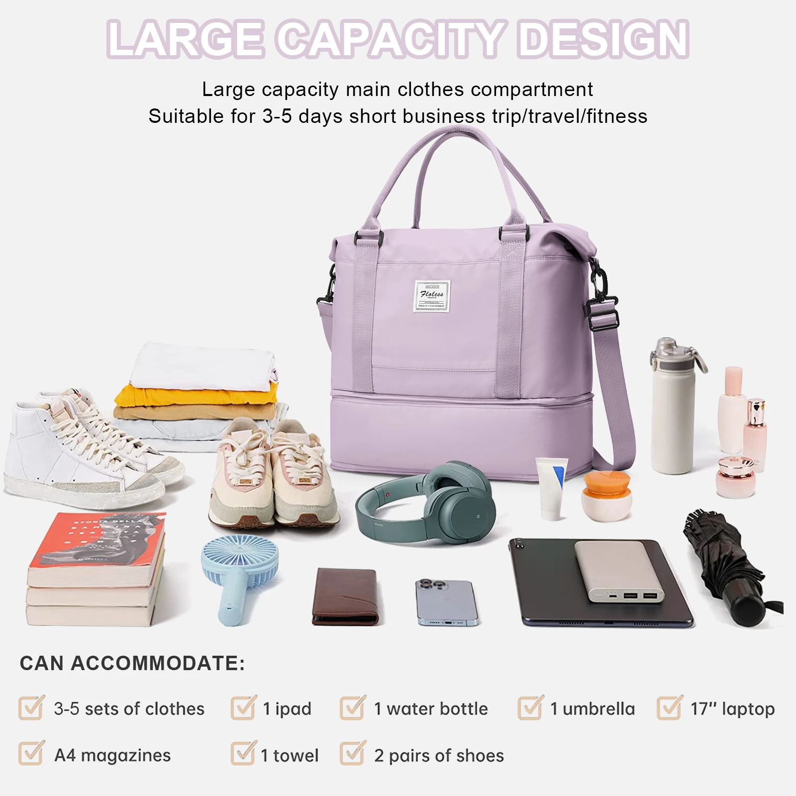 Large-Capacity Weekend Gym Bag for Women Travel Bag 45x36x20 Easyjet Cabin Bag with Shoes Compartment Shoulder Zipper Duffle Bag