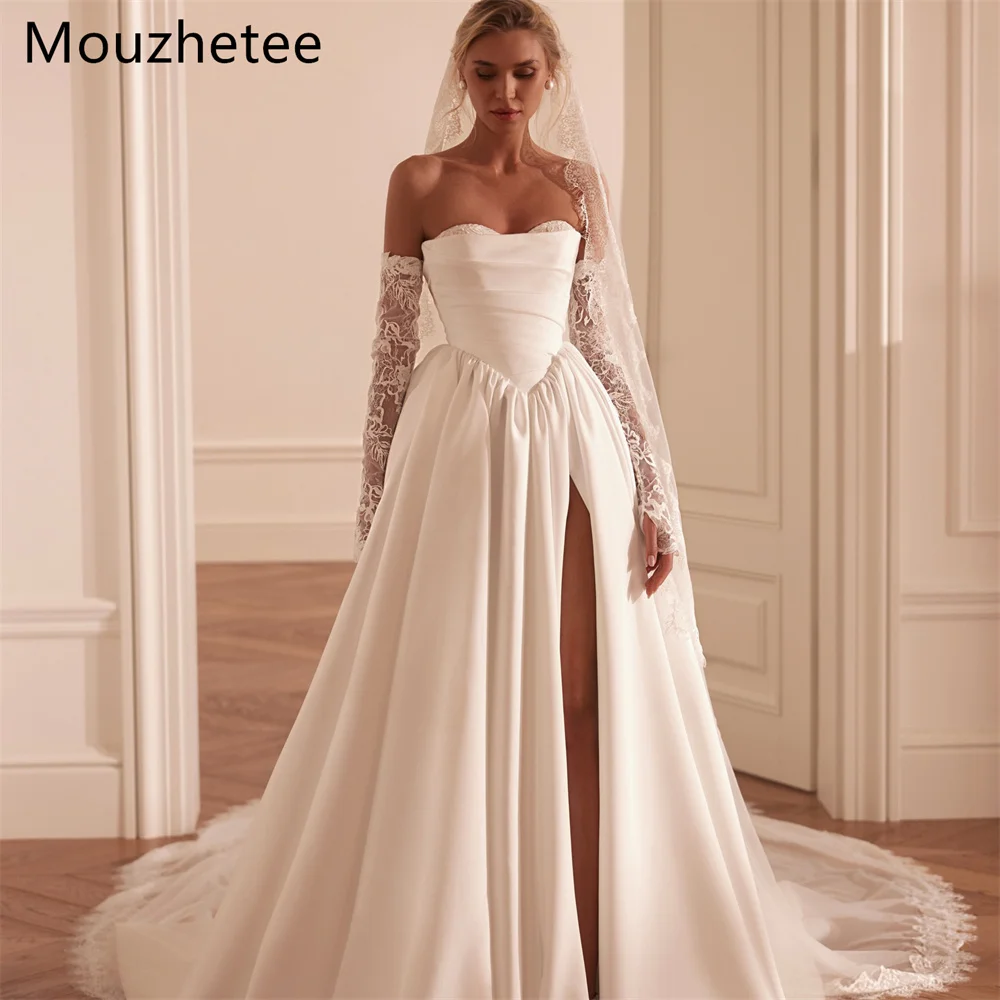 

Mouzhetee A-Line Strapless Satin Lace Simple Wedding Dresses Side Split Corset Elegant Brides Gown Custom Made 2026