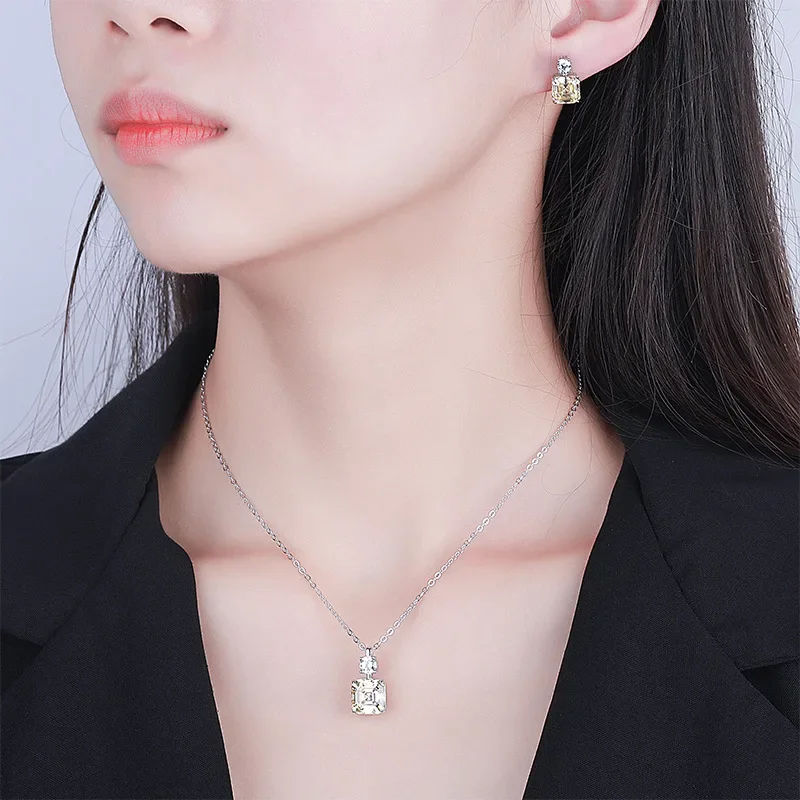 Jewelry S925 Silver High Carbon Diamond Ascher Aquamarine Princess Square Pendant Set 10 * 10-8 * 8 Fashion Gift