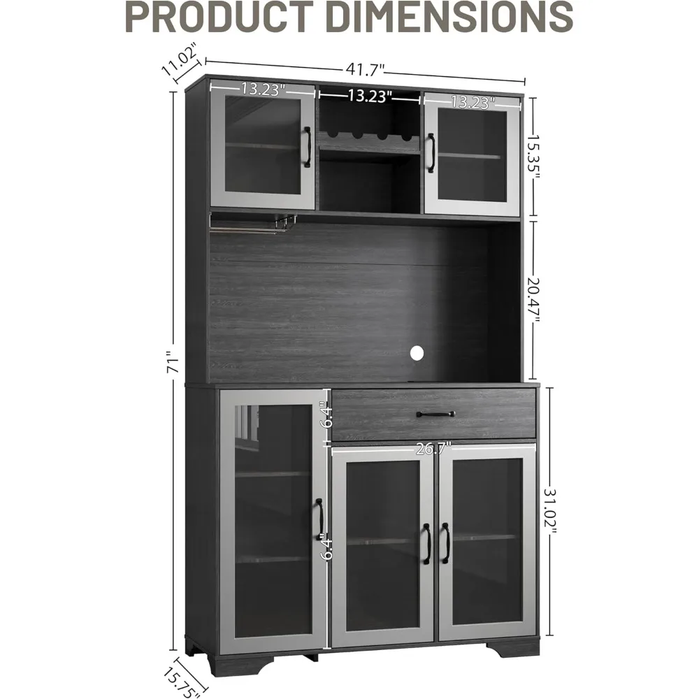 Gabinete de despensa de cocina, despensa de cocina de 71" de alto con puertas de vidrio, estantes ajustables, cajón, gabinete de vino para licores con luces LED