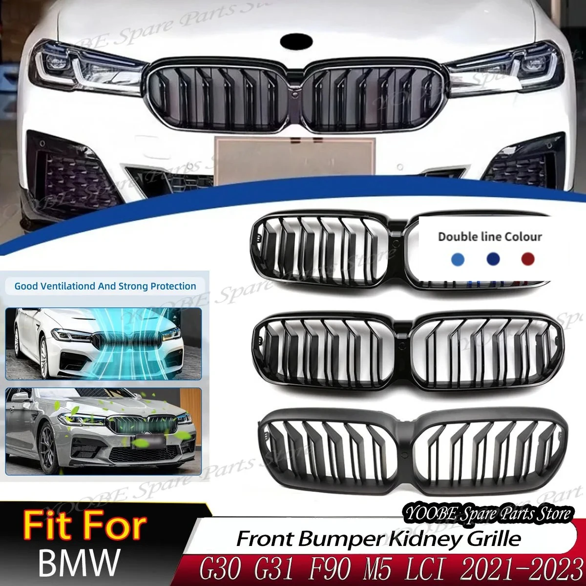 

2021-2023 for BMW 5 Series G30 G38 F90 M5 LCI 520i 520d 530i 530d 540i Front Bumper Kidney Grille Dual Line Body Kit Auto Parts