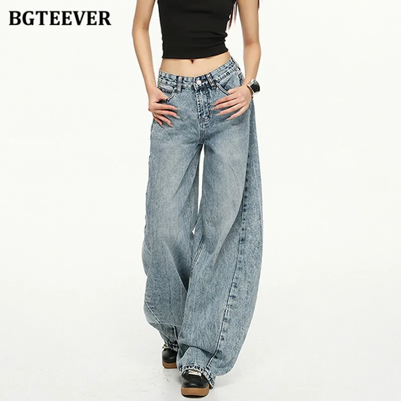 

BGTEEVER Vintage Wide Leg Jeans Trousers for Women Stylish Loose Ladies Denim Pants