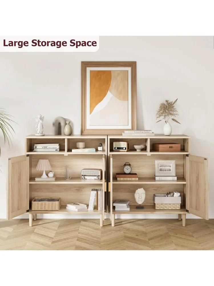 Rattan Buffet Cabinet with 4 Doors and Shelf - Multifunctional Storage Sideboard for Dining, Kitchen, Living Room, and En