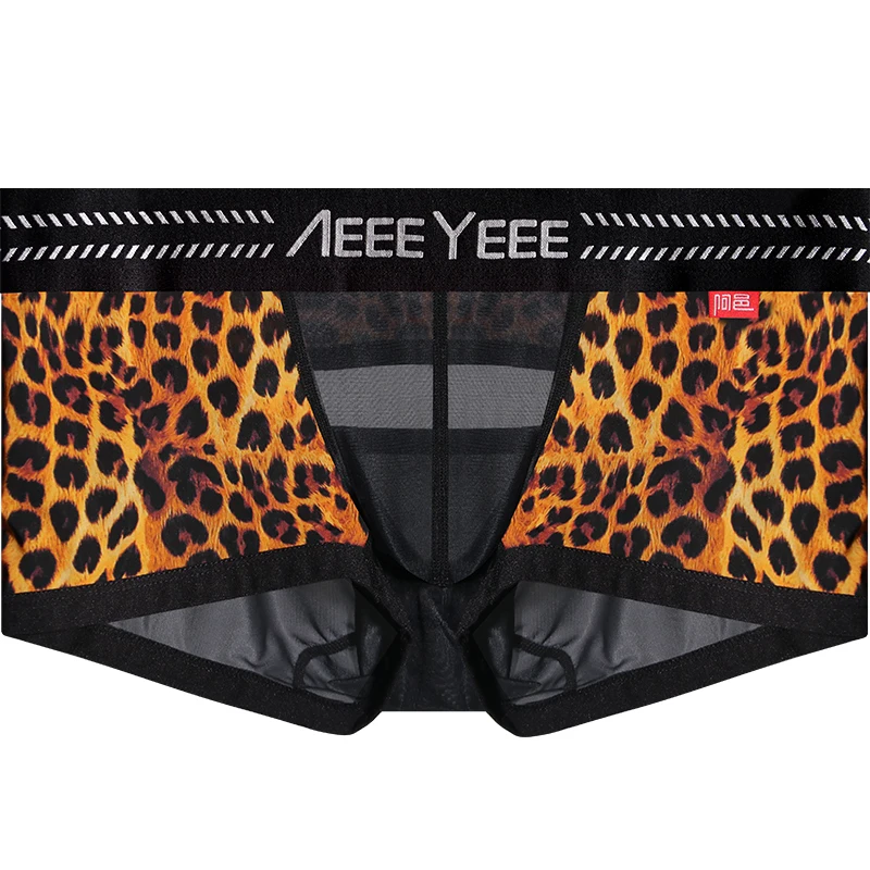Herren-Unterwäsche, ultradünne Boxershorts aus Eisseide mit Leopardenmuster und Ausschnitten, atmungsaktive, sexy und transparente Unterhosen.