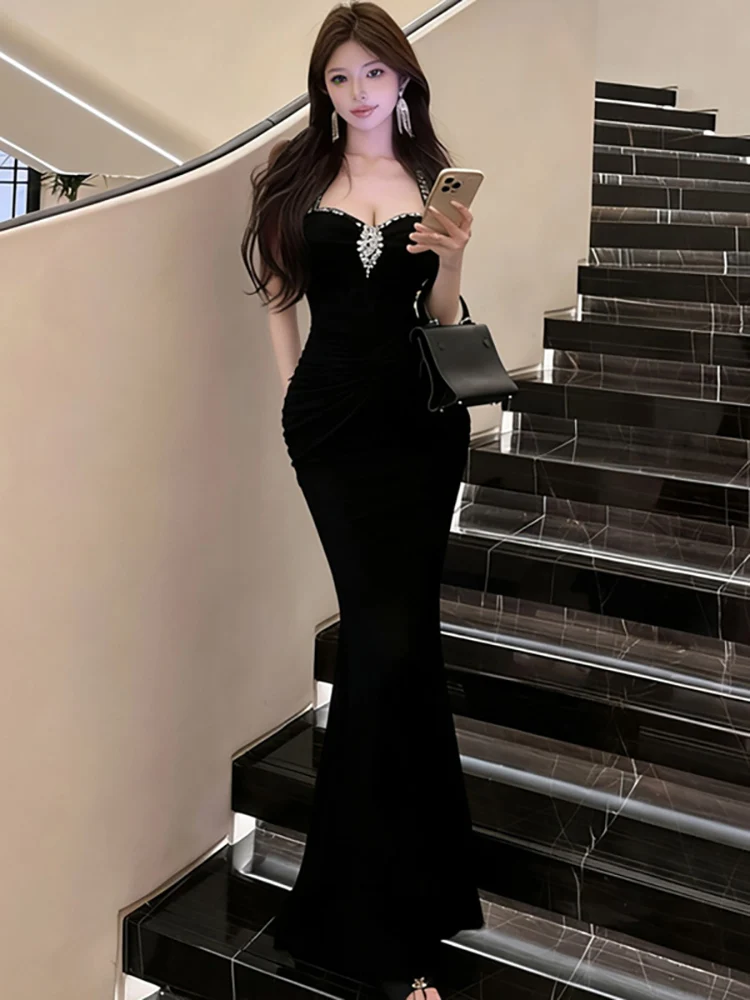 

2025 Black Mesh Patchwork Lace Diamonds Dress Women Elegant Neck-mounted Sexy Long Dress Autumn Winter Elegant Ruffled Vestidos