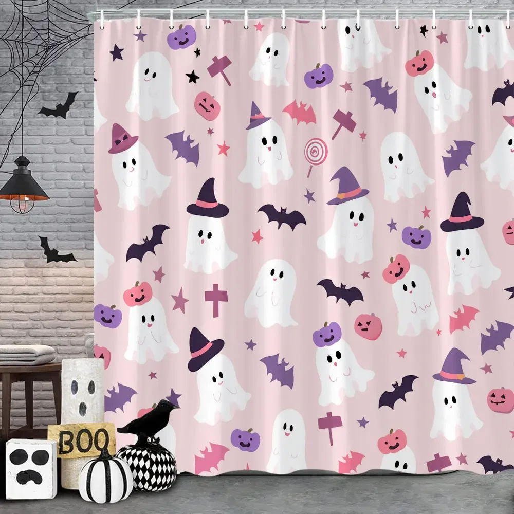 Pink Cute Halloween Shower Curtain Ghost Pumpkin Bat Skull Polyester Fabric Kids Shower Curtain Girls Bathroom Decor Strap Hooks