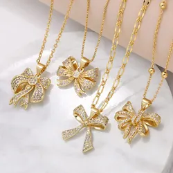 FLOLA Girls Crystal Bow Pedant Necklaces 18K Gold Plated Necklace Elegant Jewelry For Women Wholesale Items nkeu19