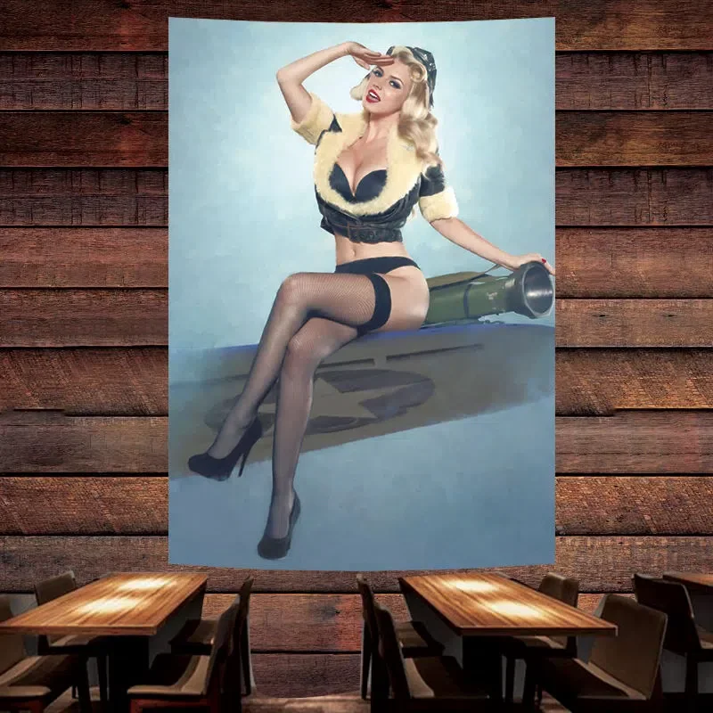 Sexy girl with anti-tank weapon Poster Banner Seductive Pin Up Art Flag Wall Painting Bar Cafe Pub Man Cave Wall Decor Tapestry