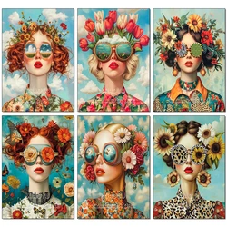 Full Square Round Diamond Painting Beautiful Woman With Glasses Flower Diamond Mosaic Embroidery Rhinestones Cross Stitch Art
