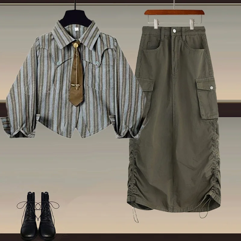 

Fashionable Spring College Style Outfit Women's Long Sleeve Shirt Tie with Workwear Skirt Two-Piece Set Collar
