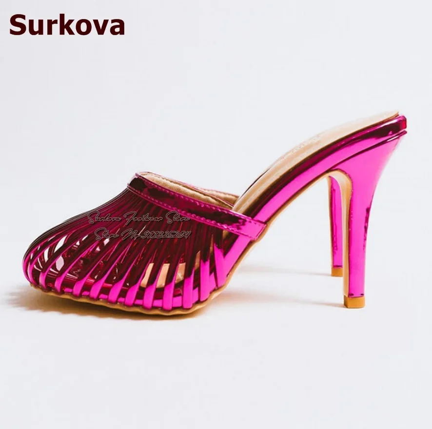 Surkova Purple Vertical Strap Caged Women Sandals Square Toe Hollow Out Slip-On Modern Slippers Stiletto Heels Dress Shoes