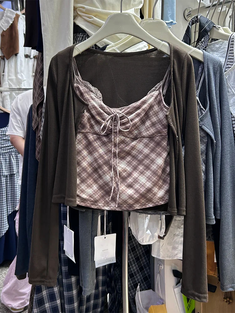 

Корейский клетчатый вязаный кардиган на бретельках, комплект из двух предметов, женский топ для похудения, весна-осень, Новое поступление 368C