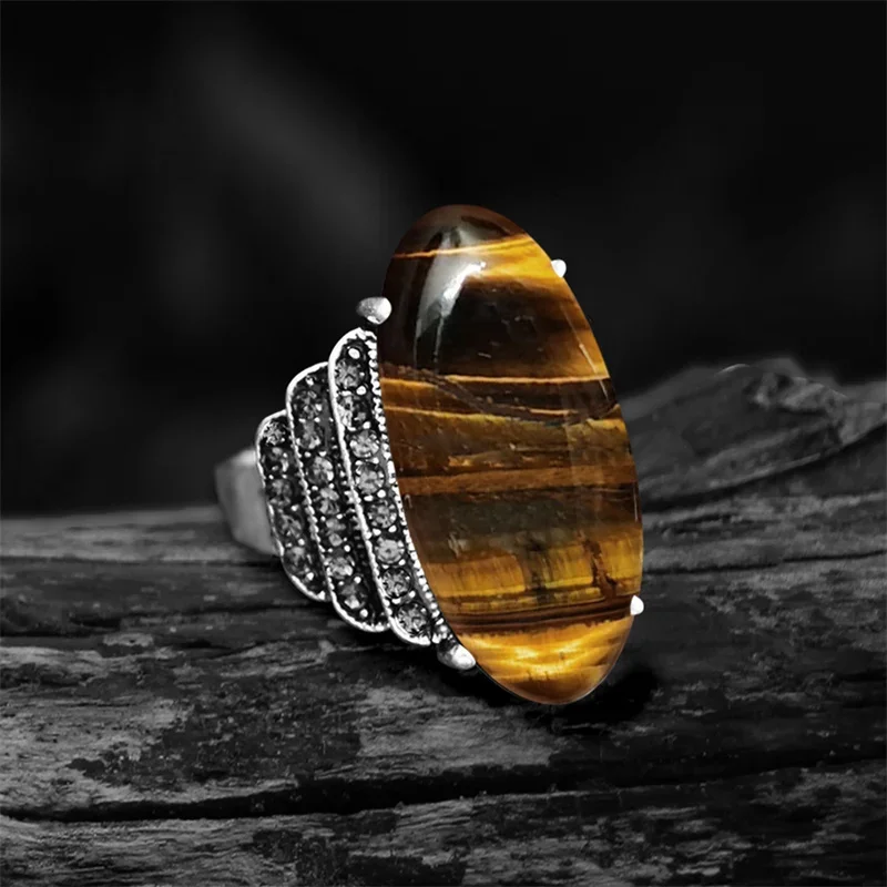 Vintage Eye Shape Natural Tiger Eye Rings For Women Antique Silver Plated Crystal Fashion Natural Stone Ring Free Shipping