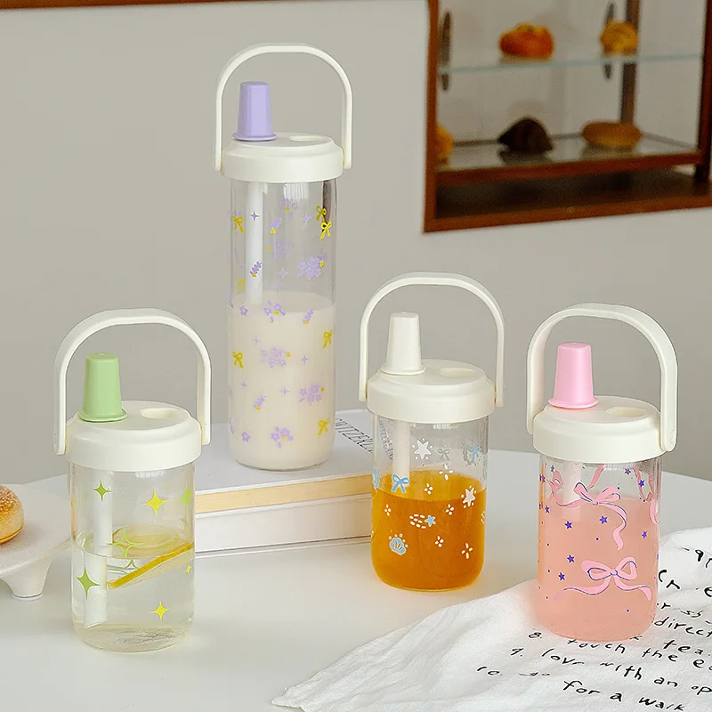 

Cute Plastic Straw Water Bottle With Lid Large Capacity Leak Proof Coffee Juice Cups Boba Pearl Milk Tea Drinks Water Cup