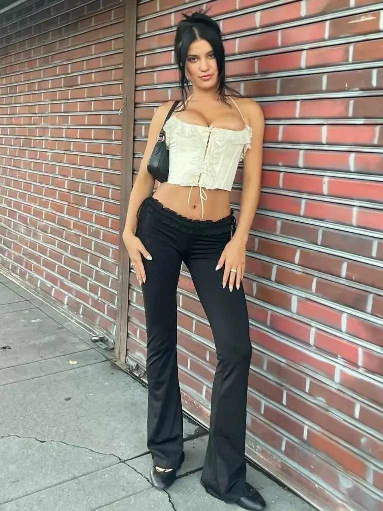 กางเกงผ้ายืดเอวต่ำแต่งระบายมีระบายมี Y2K สำหรับผู้หญิงฤดูใบไม้ร่วง