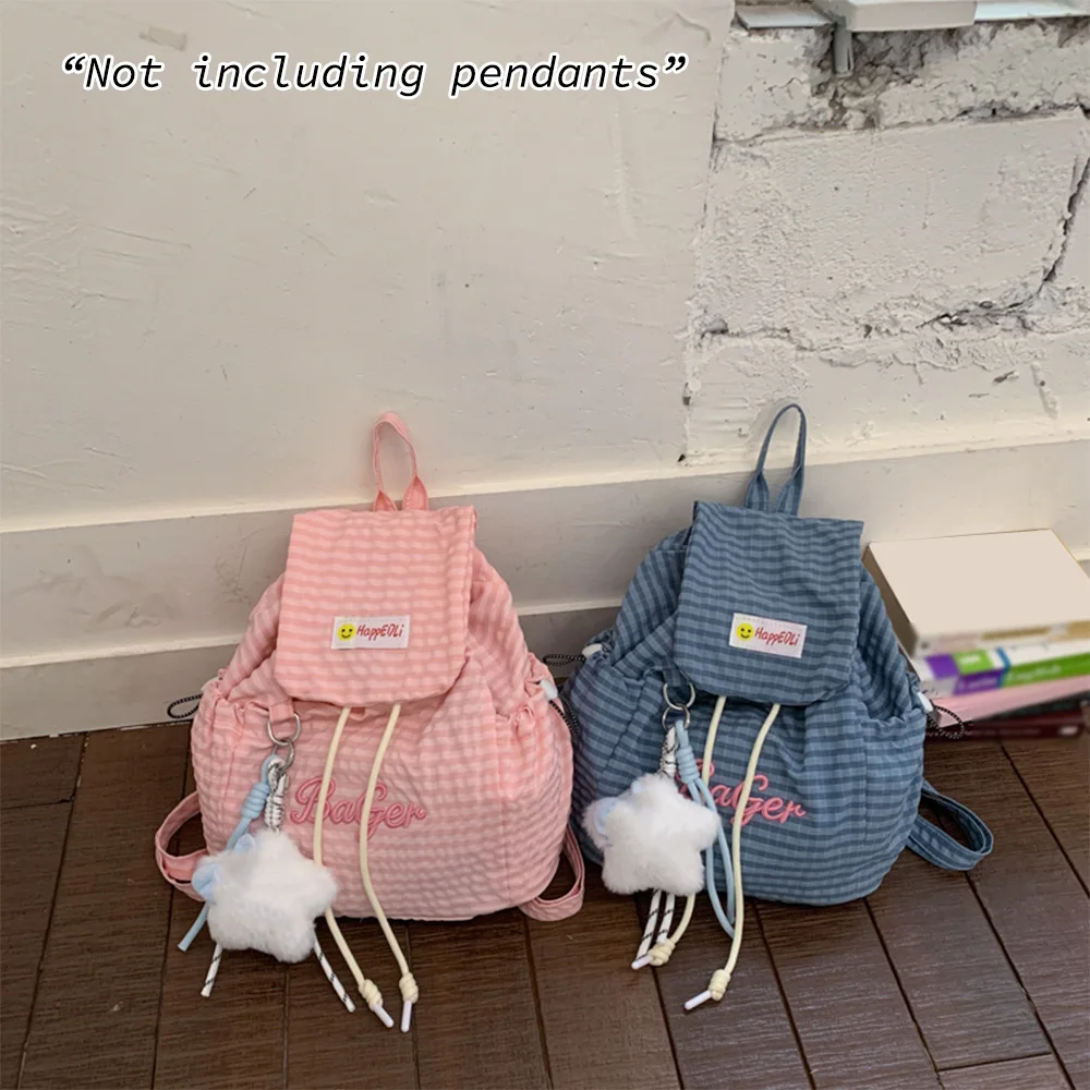 

Plaid Drawstring Mini Backpack with Letter Embroidery, Light Casual Daypack, Sturdy Fabric Bag for Daily Walk & Campus Use