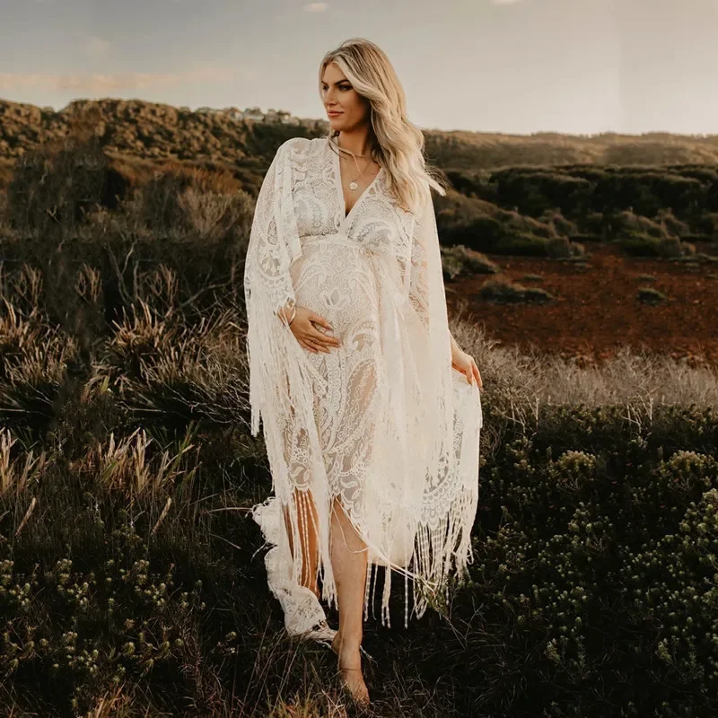 Boho Lace Maternity Photography Props Dresses Free Size Adjustable Pregnancy Photo Shoot Bohemian Long Dress Sides Slit