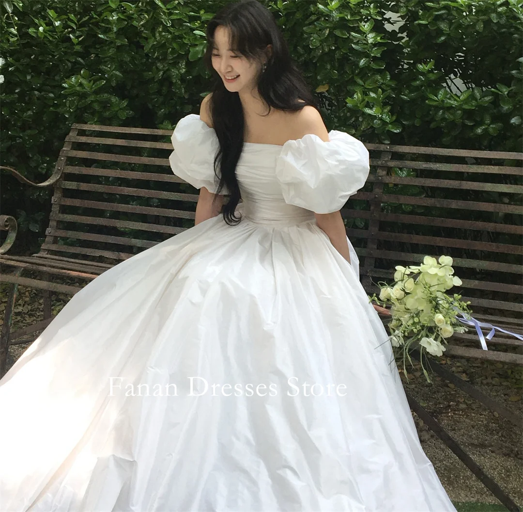 

FANAN Korea Strapless Taffeta Puff Sleeves Lace-up Wedding Dresses 웨딩드레스 A-Line Ivory Customized Pretty Bride Gowns Plus S