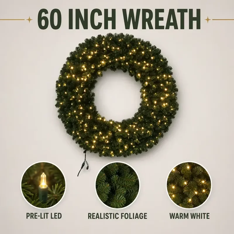 Customized OEM plastic fashion pre-installed LED lighting Christmas wreath, adjustable 1200 lamp beads, warm white 5mm, wool