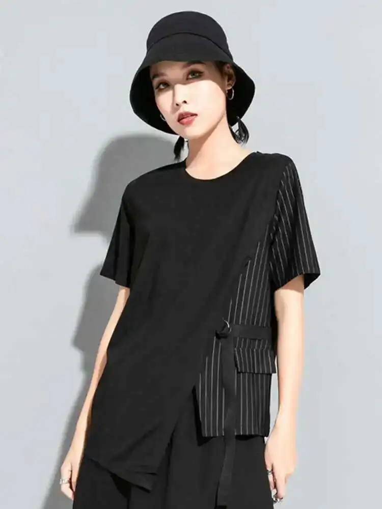Women White Striped Irregular Split Joint T-shirt New Round Neck Short Sleeve Fashion Tide Spring Summer