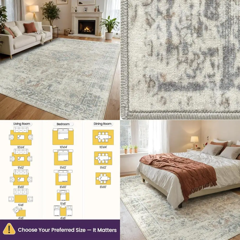

Vintage 8x10 Area Rugs - Low Pile, Washable, Non-Slip for Living Room, Bedroom, and Dining Area