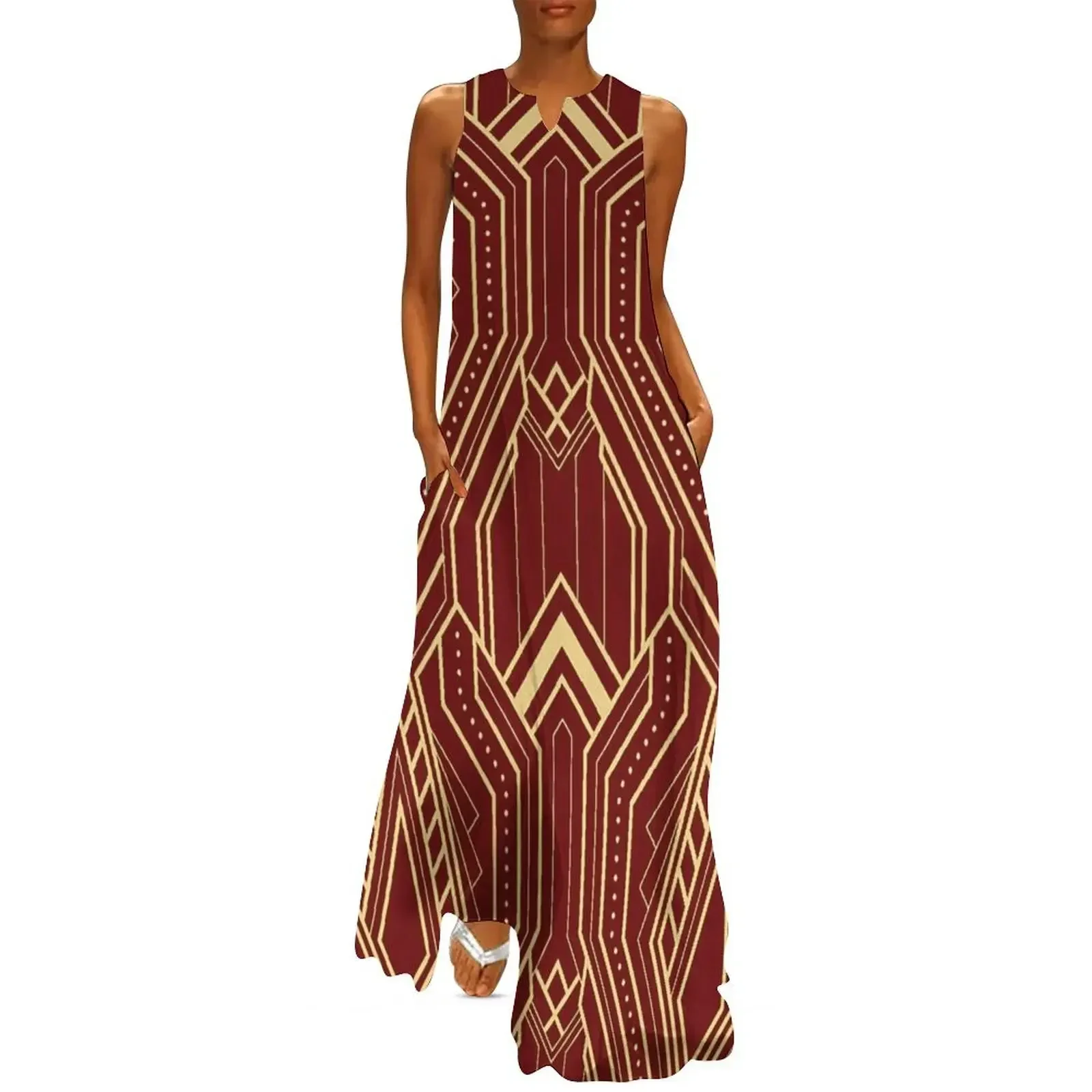 

Maroon and Gold Art Deco Design Long Dress Women's clothing Dress