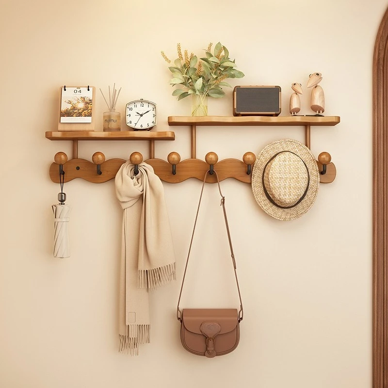 Wood Wall Mount Coat Hook Rack with Dual Storage Shelves Punch Free Entryway Hanger for Clothes Bag Hat Scarf Organizer