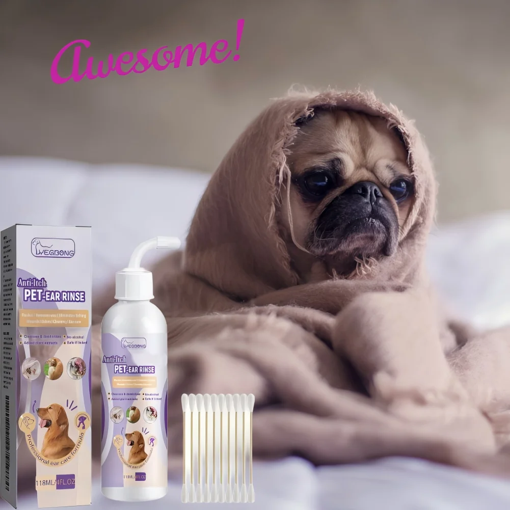 Gotas para los oídos para mascotas, limpiador de oídos para perros y gatos, eliminación de ácaros, limpieza de cerumen, Control de infección, desodorización, alivia la picazón, lavado de orejas para perros, 118ml