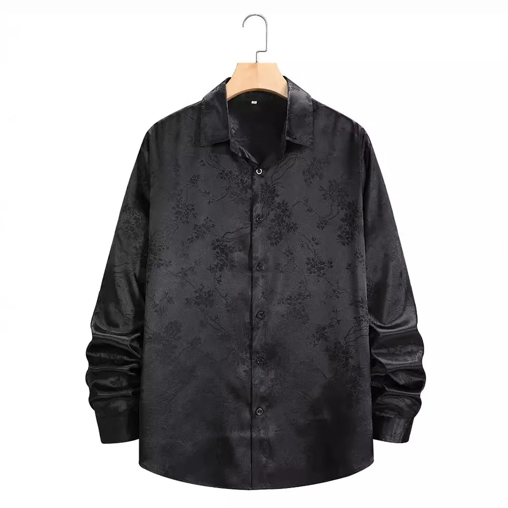 

Men Luxury Silk Satin Long Sleeve Business Buttoned Turn-down Collar Shirts