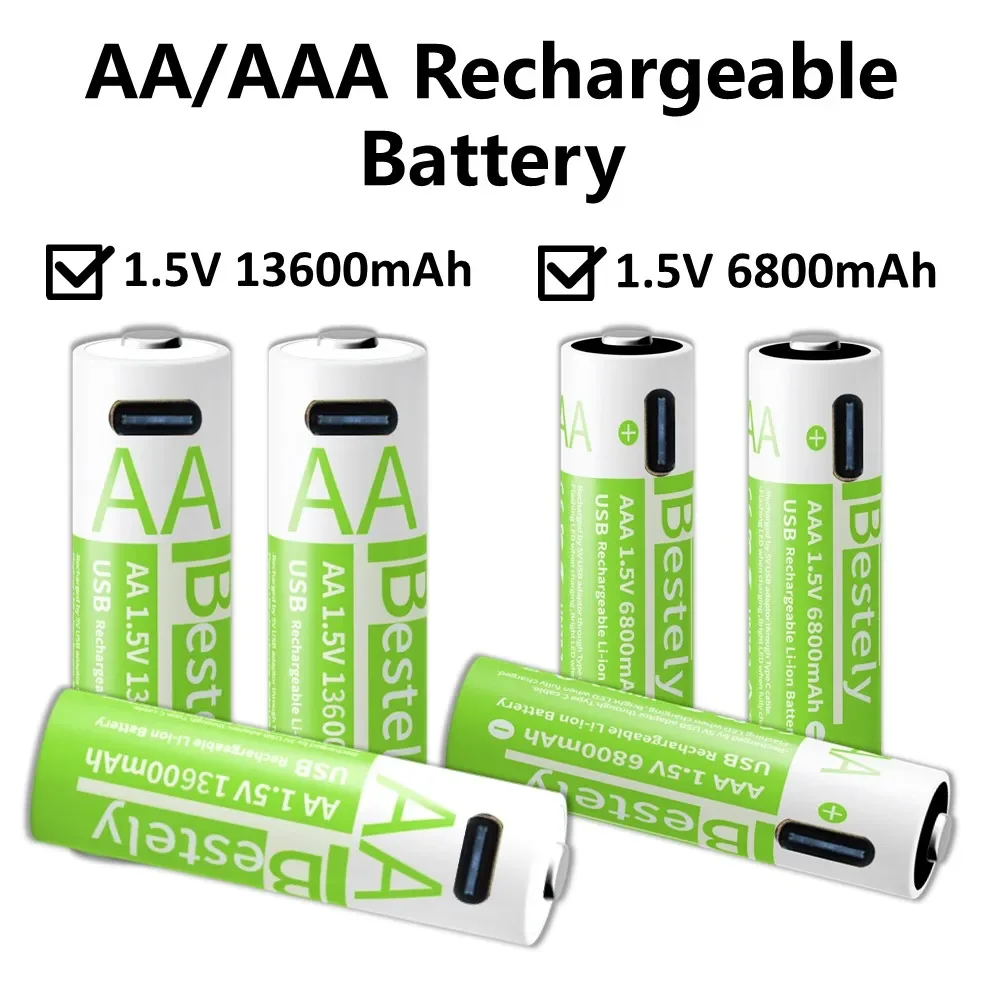 2025 New USB-C Rechargeable AA(13600mAh) & AAA(6800mAh) Lithium Batteries, 2000 Cycles 10X Fast Charge with Overload Protection.