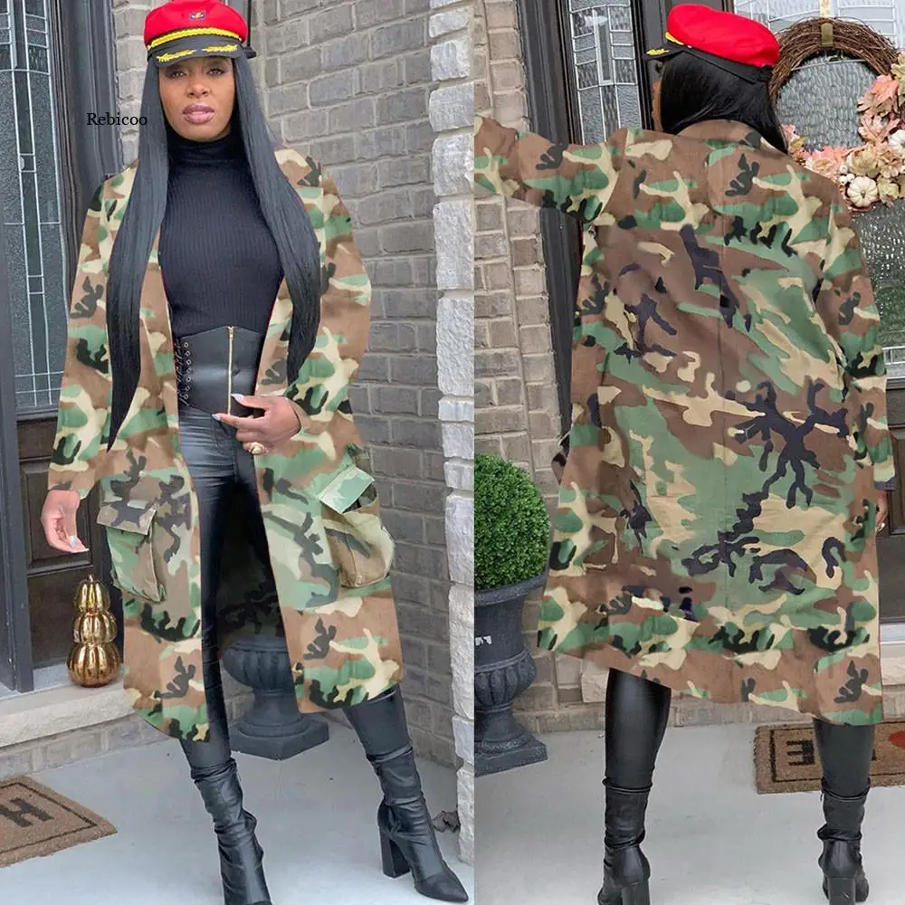 

Camouflage Camo Jacket Coat Women Oversized Cardigan Pockets Military Streetwear Casual Outerwear