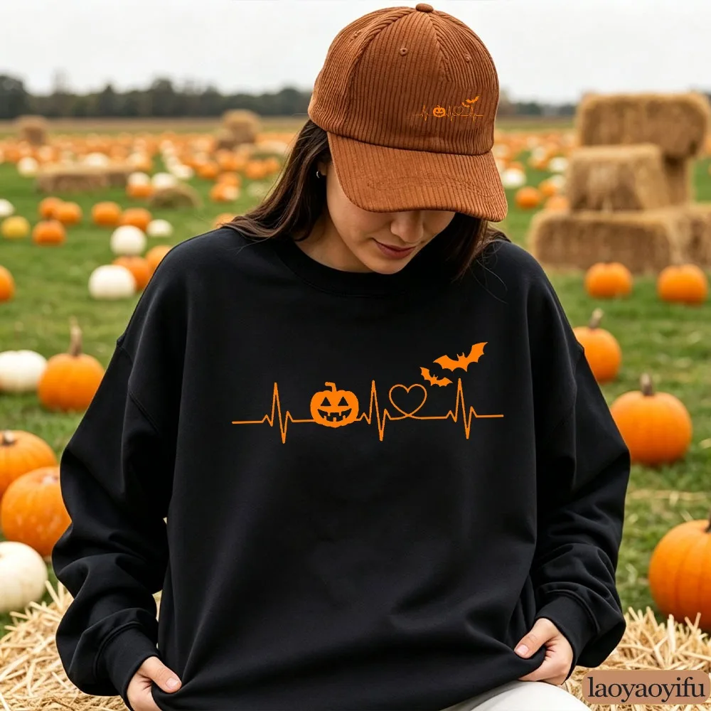 Pumpkin Bat Heartbeat Halloween Sweatshirt Ladies Women Fall Crewneck Pullover Cute Cozy Casual Spooky Graphic Clothing
