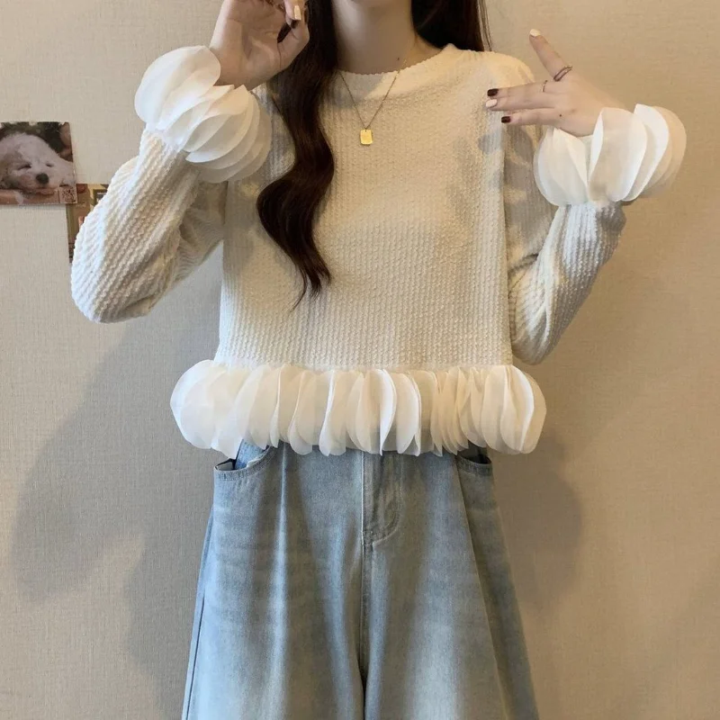 Korean Temperament Petal Sleeve Base Sweater Women Autumn Design Loose Chic Short Top