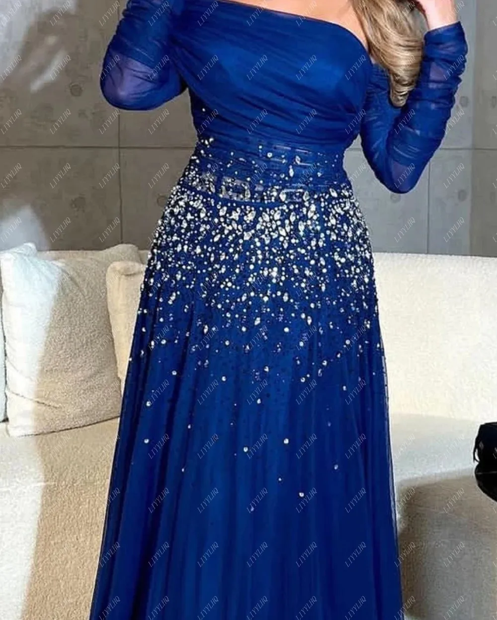 LIYYLHQ Elegant Dark Blue Prom Dresses Long Sleeves A-line Sexy Beading For Evening Party Gowns Robes De Soirée