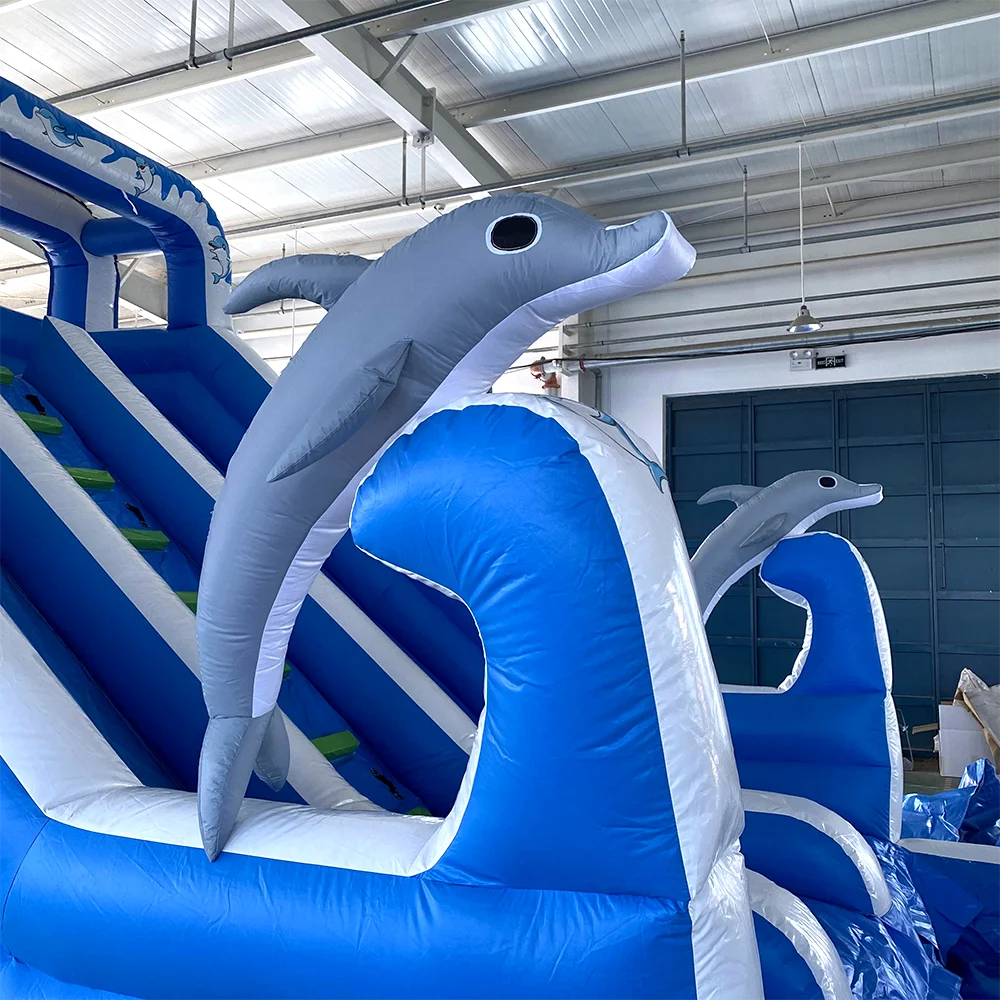 Commercial Giant Inflatable double Water Slide Dolphin Pool Slide Inflatable bounce house With Pool For Adult kids free air ship