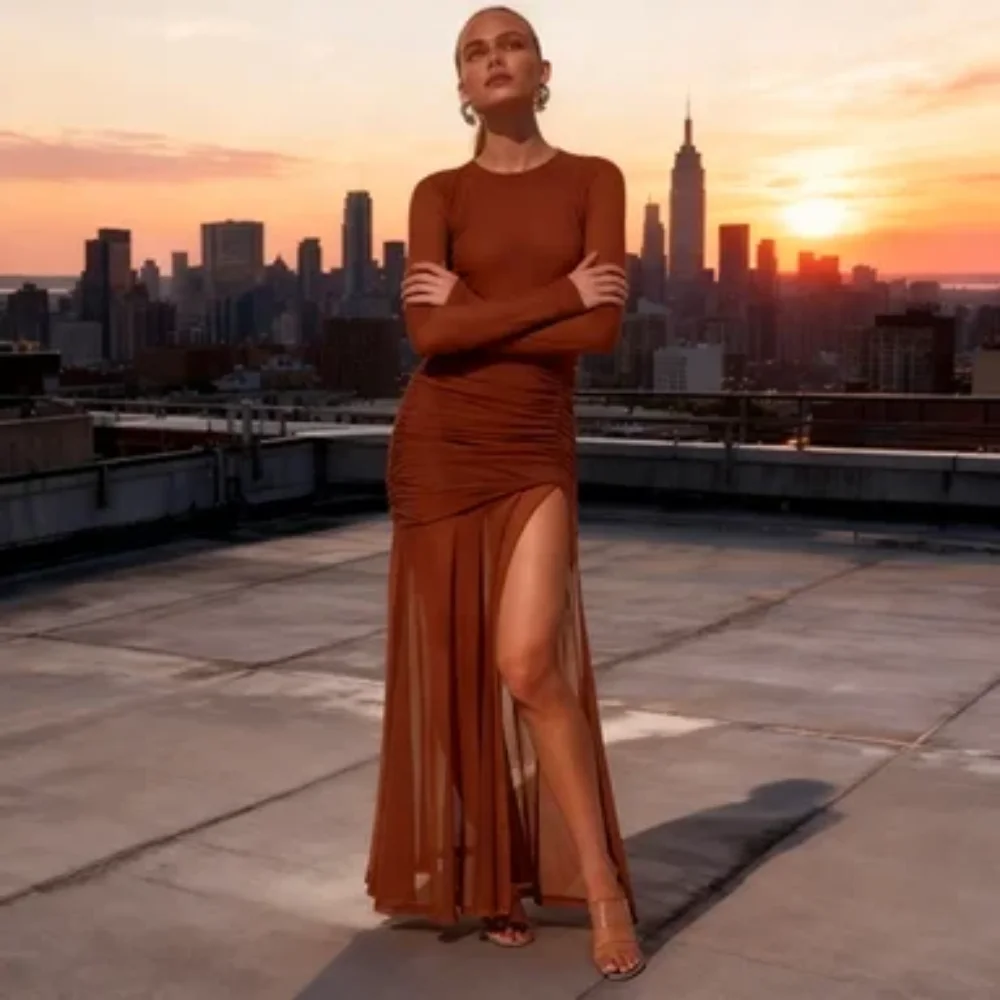 Lente Zomer Mode Sexy Splicing Geplooide Effen Kleur Slanke Maxi Rok Y2K Elegante Vakantie Strand Lange Mouwen Slit Longs Jurk