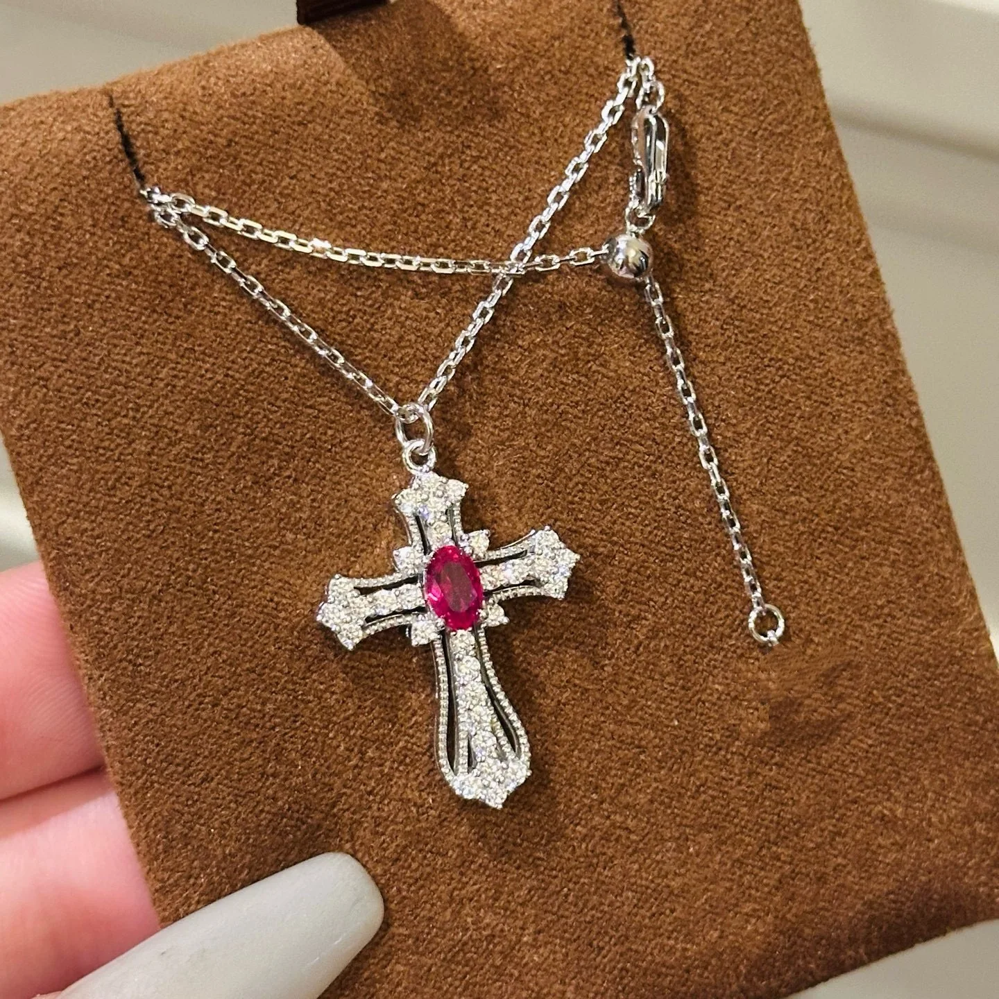 

100% 925 Sterling Silver Inlaid Red Corundum Gemstone Cross Pendant Necklaces For Women Fine Jewelry