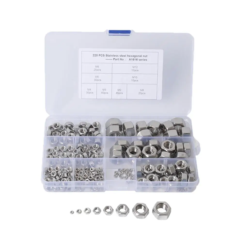 304 Stainless Nut Assortment 220Pcs, M2 4 M5 M6 10 Locknut WITH STORAGE CASE