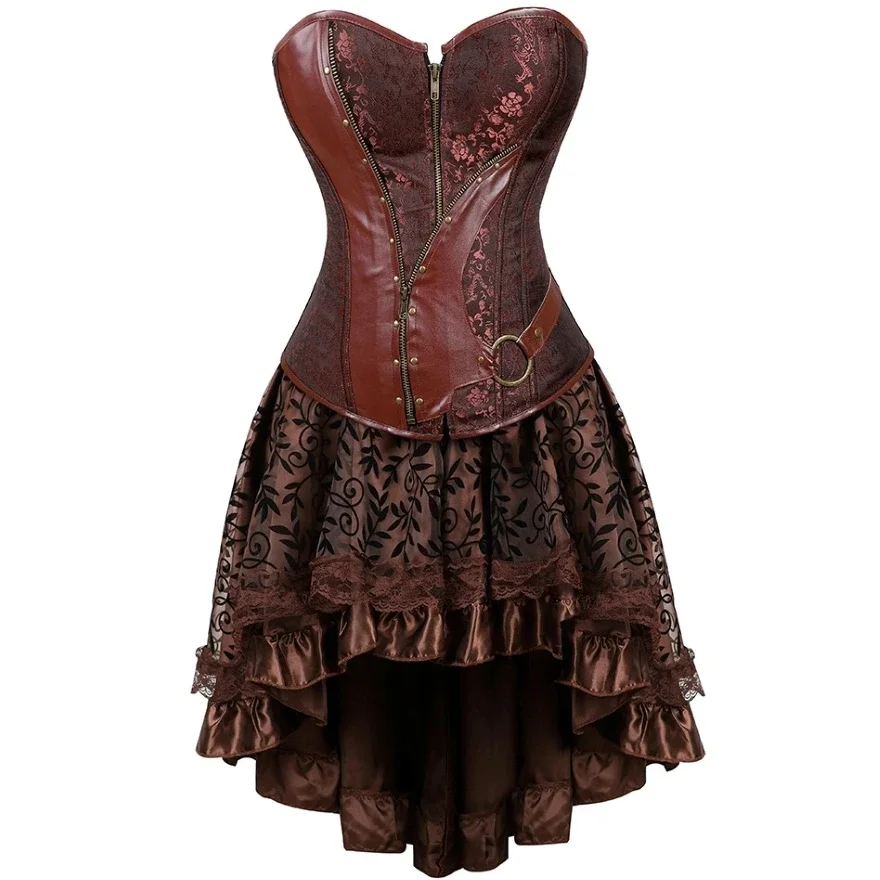 Steampunk Corset Dress Burlesque Overbust Bustier Corselet with Floral Lace Skirt Set Gothic Pirate Costumes for Women Plus Size