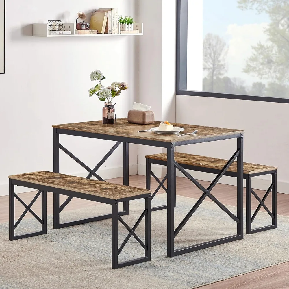

Kitchen Table with 2 Benches for 4, Wood Dining Room Dinette Sets for Breakfast Nook and Small Space, Brown
