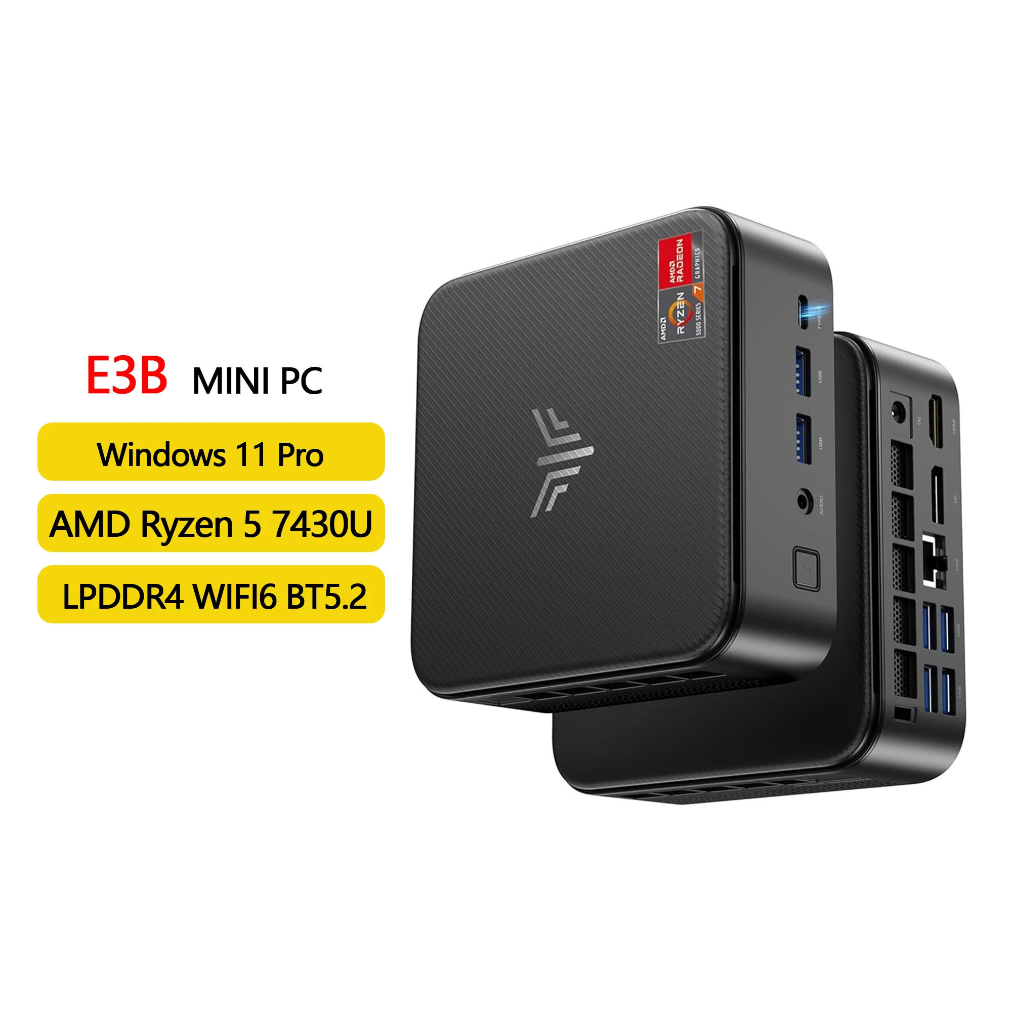 Nipogi E3B Mini Pc, Mini Pcs with Windows 11 Pro, Αμd Ryzen 5 7430U 16Gb Lpddr4 Ram 512Gb Ssd, Type-C, Wifi 6, Bt 5.2, with 4K at 60 Hz Support