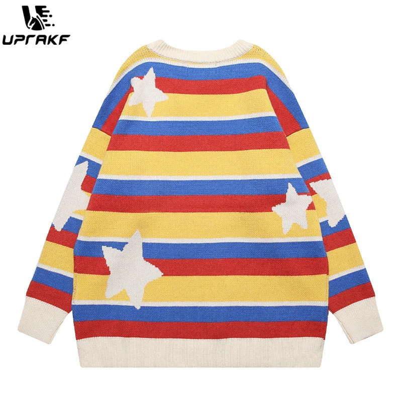 UPRAKF Striped Colorful Sweater Lapel Knit Autumn Loose All-Match Round Neck Winter Tops Trendy Pullovers